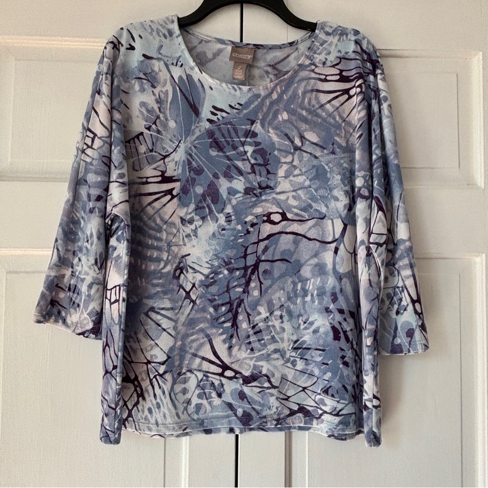 Chico's Size 2 Blue Purple Knit 3/4 Sleeve Boxy Abstract Blouse Chico Size Large
